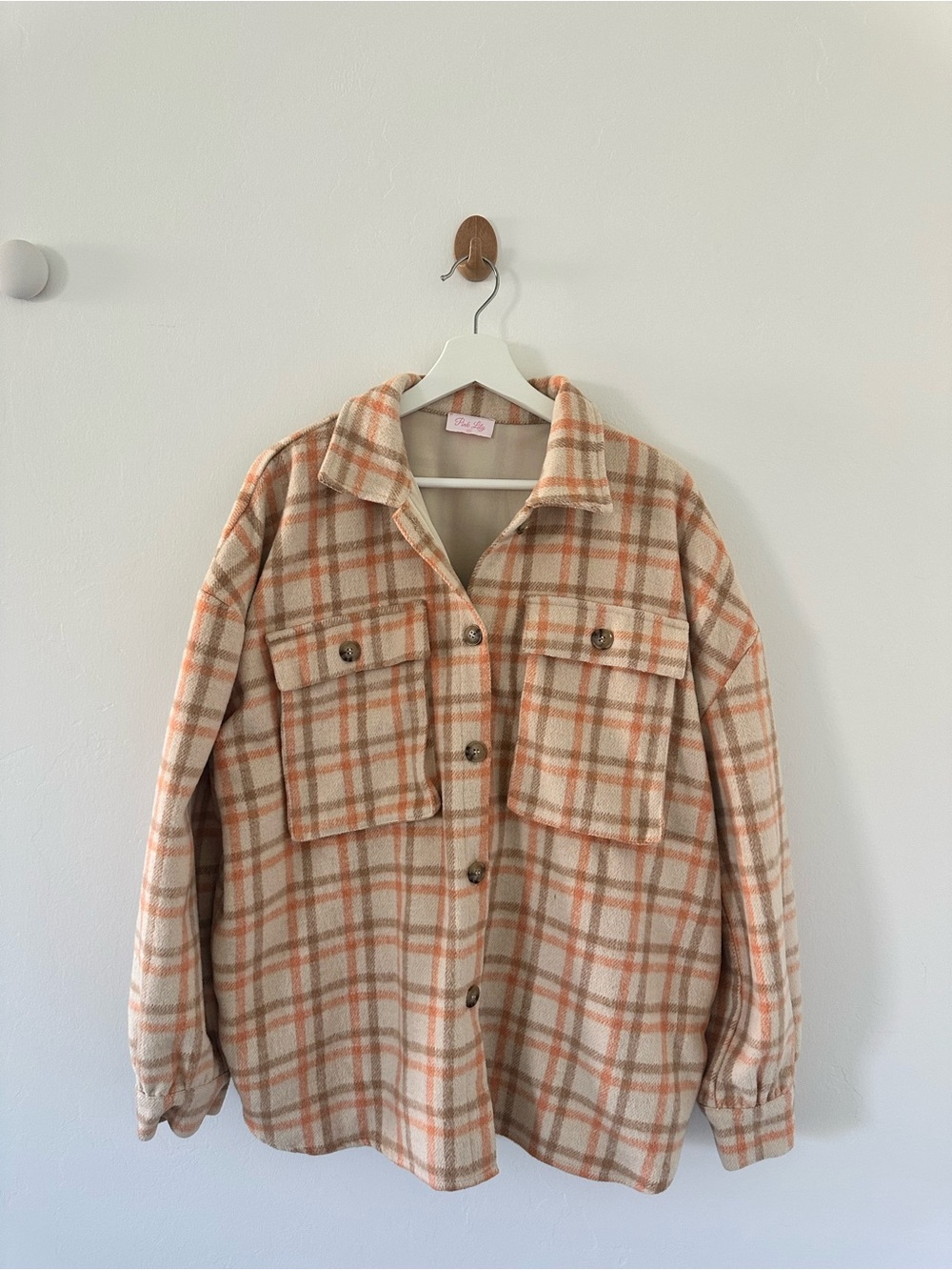 Pink Lily Beige & Orange Plaid Utility Jacket